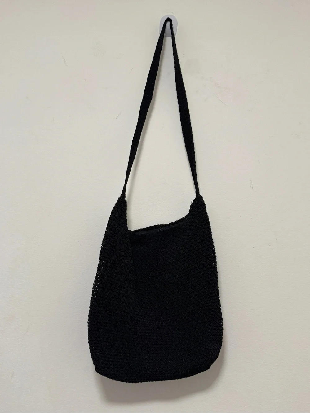 Black Crochet Knit Shoulder Bag Boho Beach Hobo Slouchy Tote Zip Closure 10x12x4